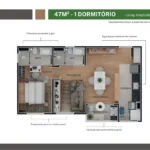 Planta 47m² 1 Dormitório - Aura Humaitá