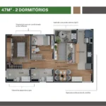 Planta 47m² 2 Dormitórios - Aura Humaitá